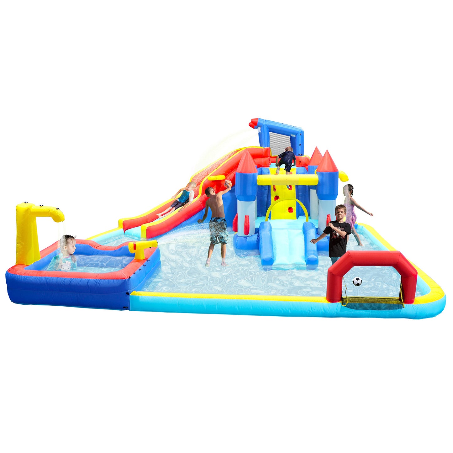 7 in1 Inflatable slide water park trampoline bouncing house yard garden with splash pool & water gun & basketball & climbing wall & dual pools & soccer