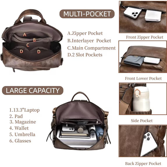 HONGLONG Womens Backpack Purse Leather Backpack Purse for Women Travel Fashion Backpack Designer Ladies Shoulder Bags, Coffee