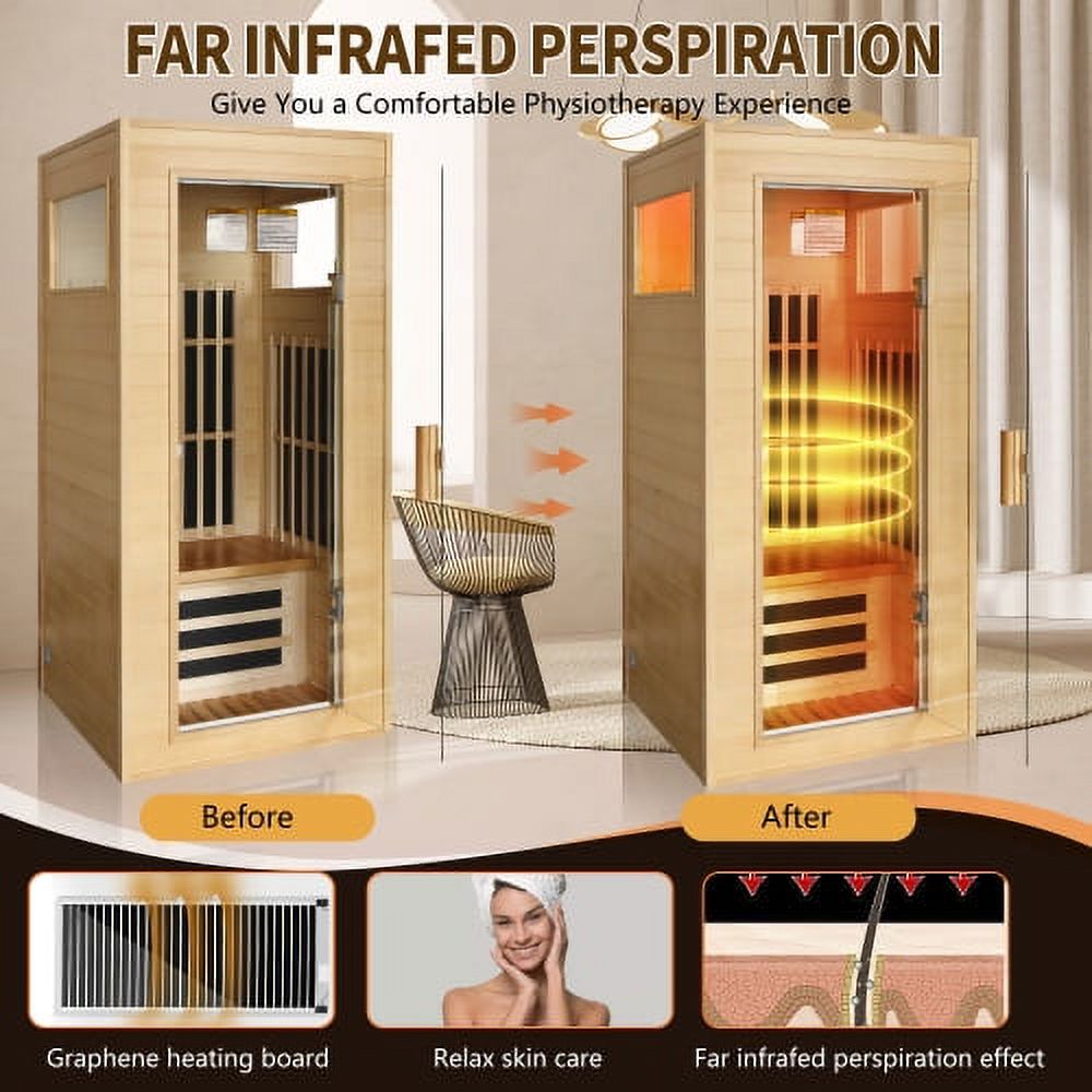 Cheelom Single Sauna Room Far Infrared Wooden Sauna Room Infrared Sauna for Home Hemlock Indoor Sauna Spa with Time Temp Pre-Set and Dual Audio Bluetooth