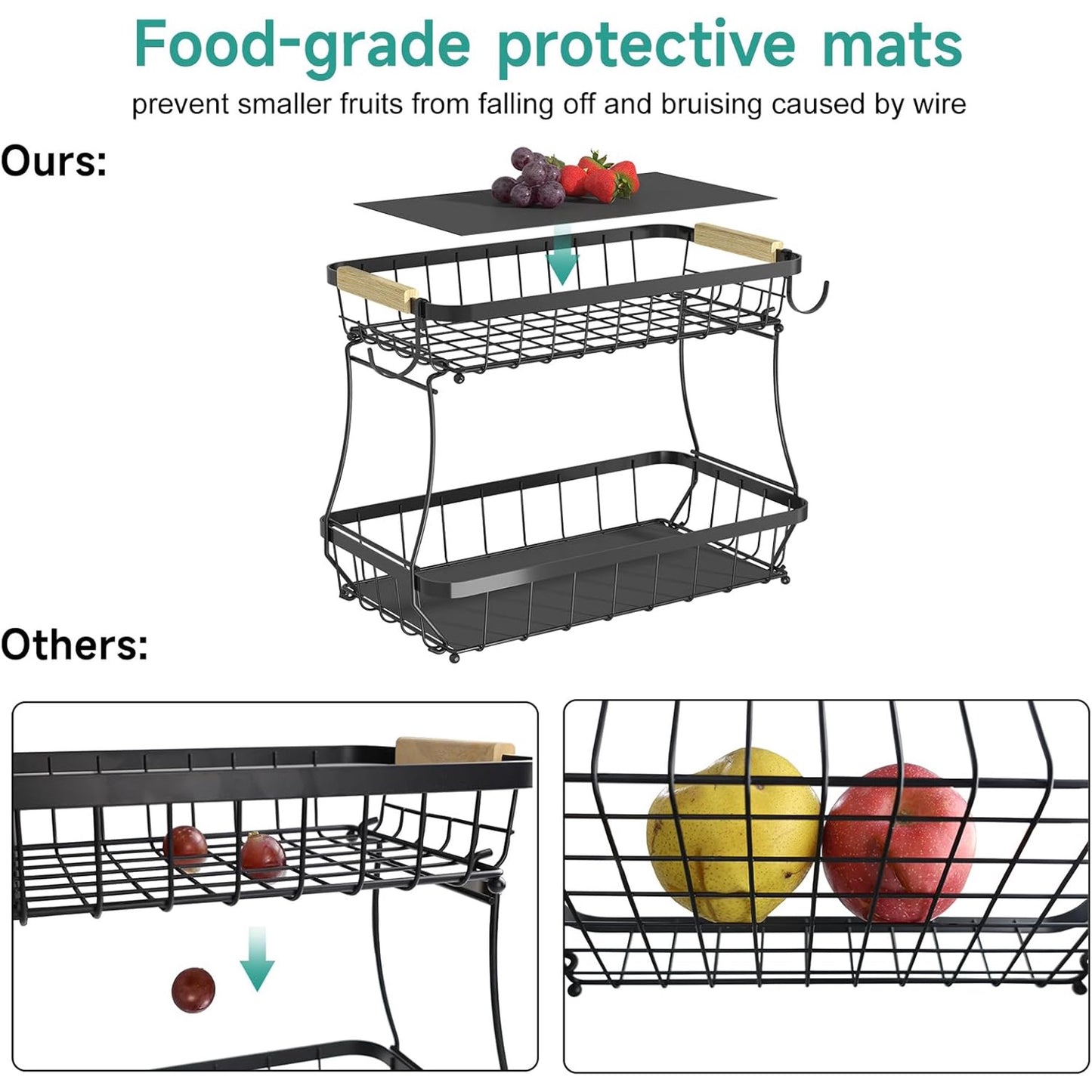 TECHVIDA 3 Tier Fruit Basket for Kitchen with 2 Banana Hangers, Detachable Metal Fruit Bowl for Kitchen Counter for Fruit and Vegetable Storage, Banana Holder for Bread Snack Organizer