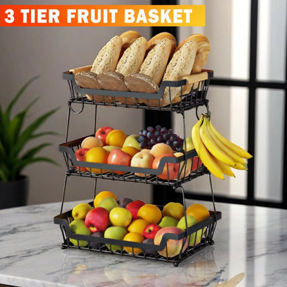 WERSEON 3 Tier Countertop Fruit Basket, Fruit Bowls with 2 Hangers for Kitchen, Detachable Metal Organizer Basket for Bread Vegetable Fruits with Wooden Handle