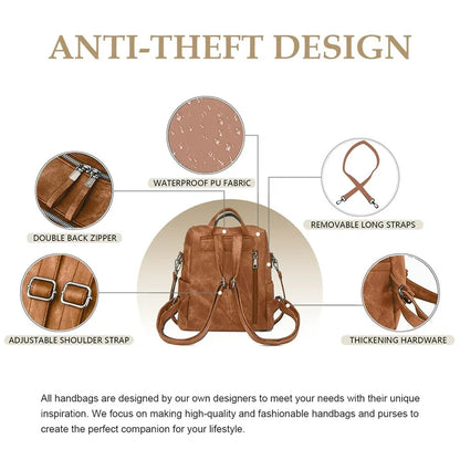 HONGLONG Backpack Purse for Womens, Waterproof PU Leather Backpacks Handbags, Ladies Casual Shoulder Bags Brown