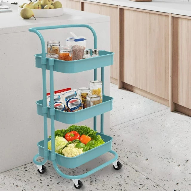 Werseon 3 Tier Mesh Utility Cart, Rolling Metal Organization Cart with Handle and Lockable Wheels, Multifunctional Storage Shelves for Kitchen Living Room Office