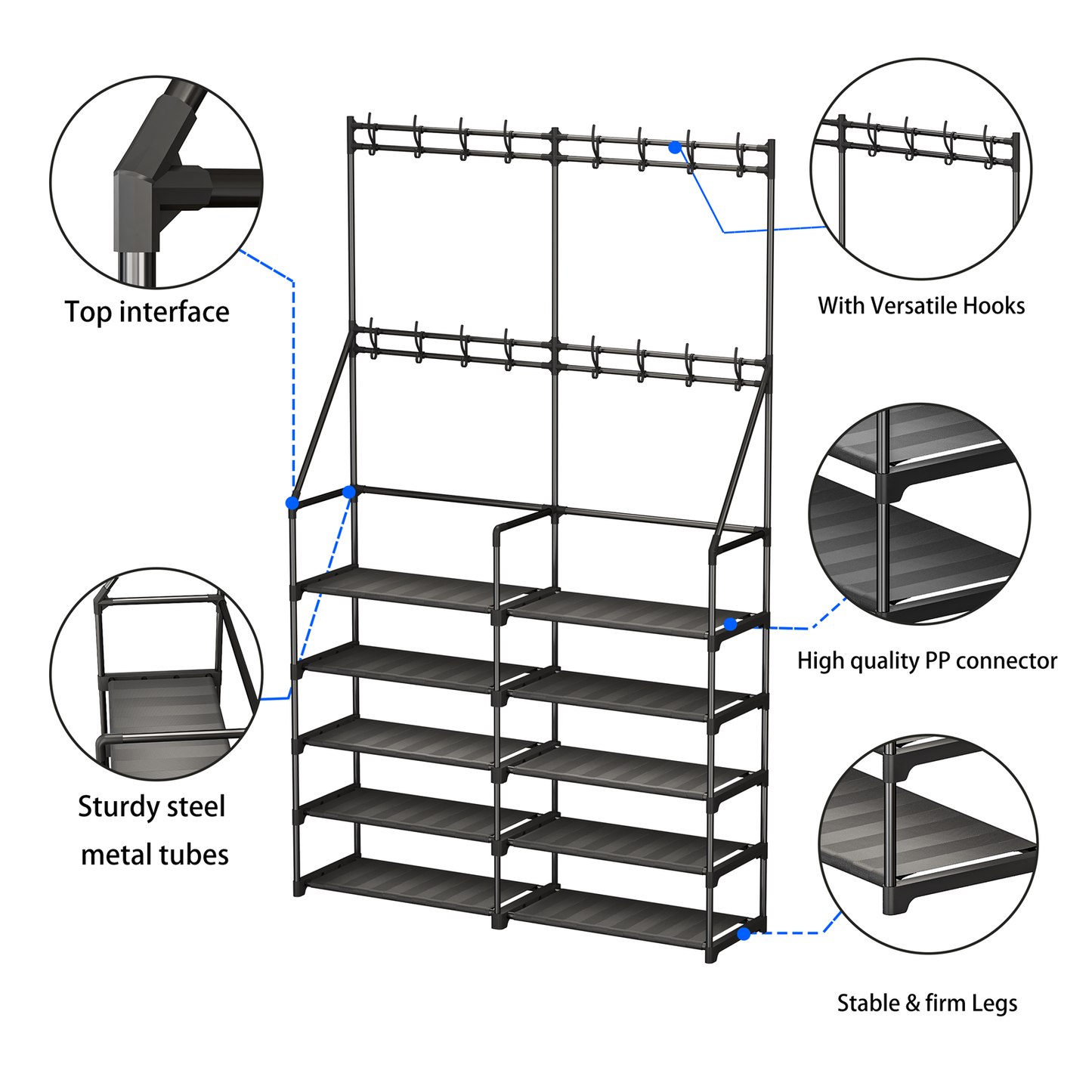 TECHVIDA Shoe Rack,Shoe Organizer 5-Tier,Coat Rack with Shoe Storage Coat Rack,16 Hooks,50 Pairs Shoe Shelf for Entryway,Black