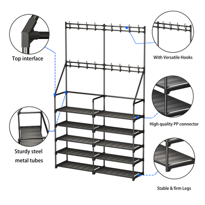 TECHVIDA Shoe Rack,Shoe Organizer 5-Tier,Coat Rack with Shoe Storage Coat Rack,16 Hooks,50 Pairs Shoe Shelf for Entryway,Black