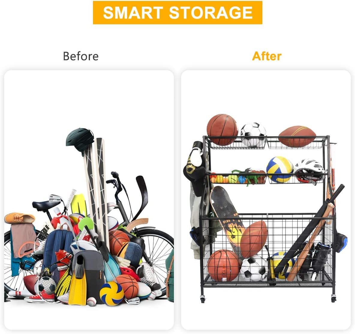 Techvida Sports Equipment Organizer, Ball Storage Rack, Garage Ball Storage, Sports Gear Storage, Rolling Sports Ball Storage Cart