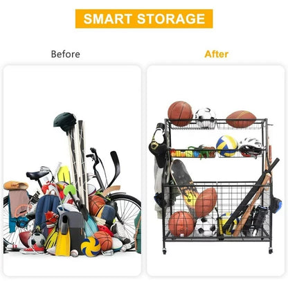 Techvida Sports Equipment Organizer, Ball Storage Rack, Garage Ball Storage, Sports Gear Storage, Rolling Sports Ball Storage Cart