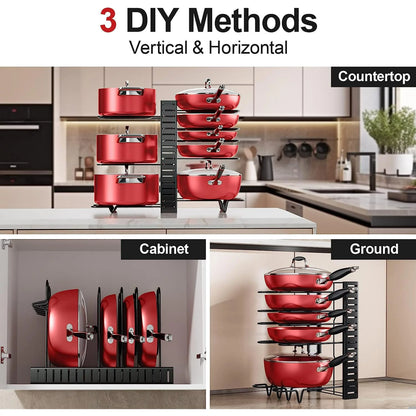 Techvida Pot Rack Organizer, 8-Tier Kitchen Pot and Pan Organizer with 4 Hooks, Adjustable Pot Organizer for Cabinet,Pot Pan Rack under Sink Organizers and Storage