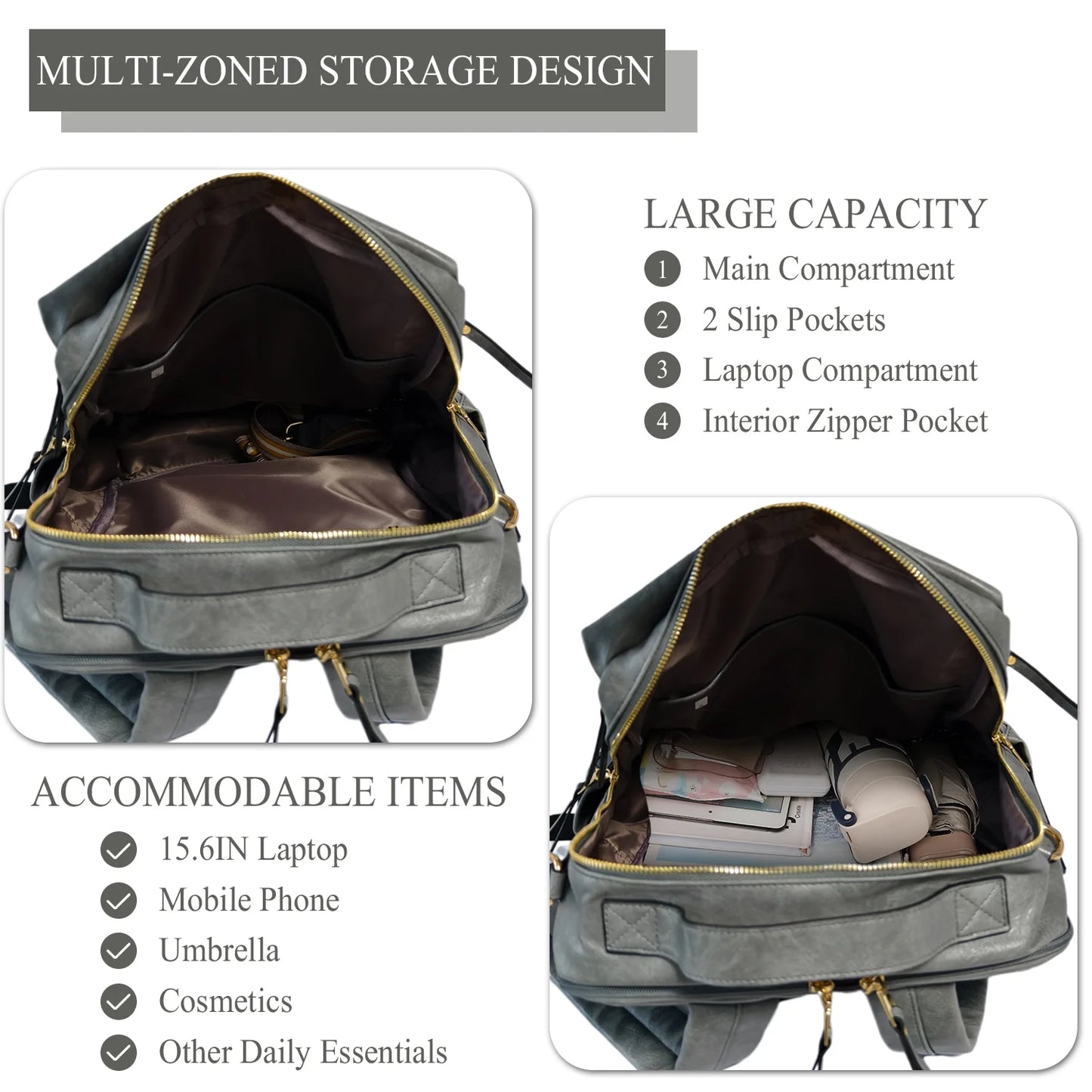 HONGLONG Laptop Backpack for Women, Leather Backpack Purse Convertible Backpack Purse Ladies Large Travel Bag Shoulder Bag Gray