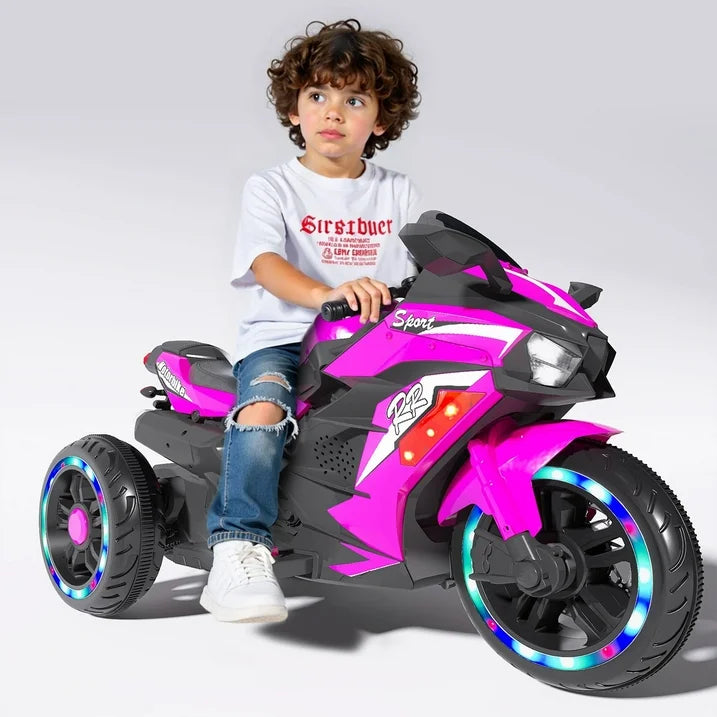 HNH Pink Motorcycle for Girls, 12V Battery Powered Motorbike Ride on Toy for Kids 3-8, Electric Dirt Bike with 3 Wheels, LED Light, Bluetooth Music
