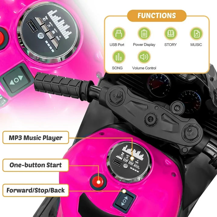 Cheelom 12V Kids Electric Motorcycle/ Ride on Motorbike, Three lighting Wheels Music,LED，Buletooth，Pink
