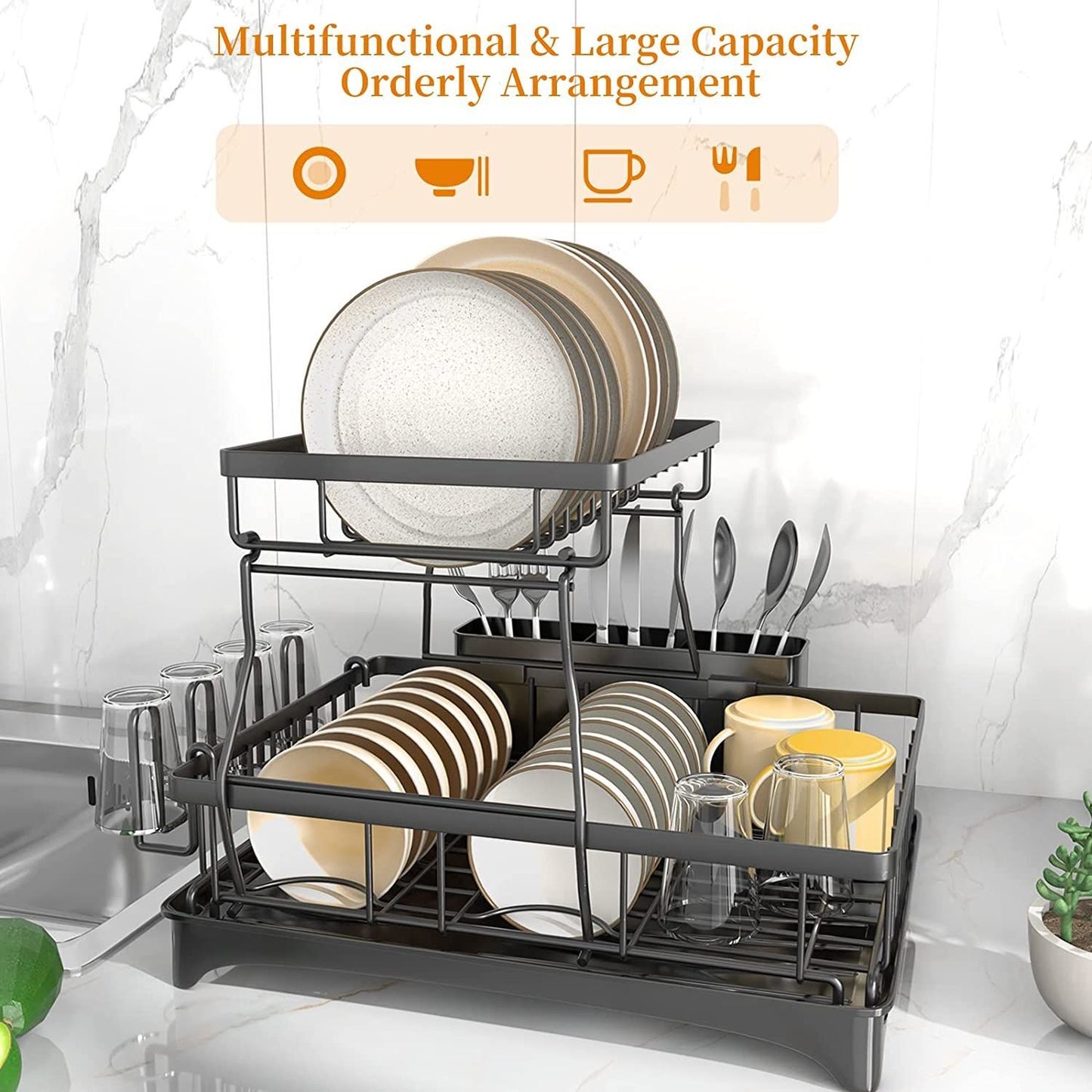 Techvida 2-Tier Drying Dish Rack and Drain Board Set Metal Black
