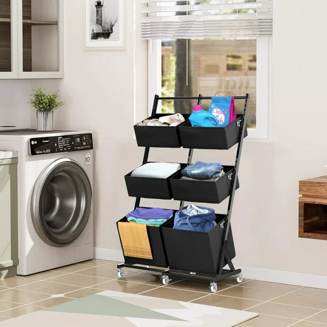 TECHVIDA 3 Tier Metal Rolling Laundry Basket Cart, Adjustable Freestanding Laundry Hamper with 6 Storage Baskets, Laundry Clothes Storage Cart