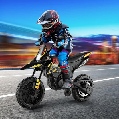 TECHVIDA Kids Motorcycle, Licensed RX125 12V Ride on Electric Dirt Bike with Training Wheels, Spring Suspension, Battery Powered Off Road Motorbike Toy with 2 Speeds, Bluetooth, Lights (Yellow)