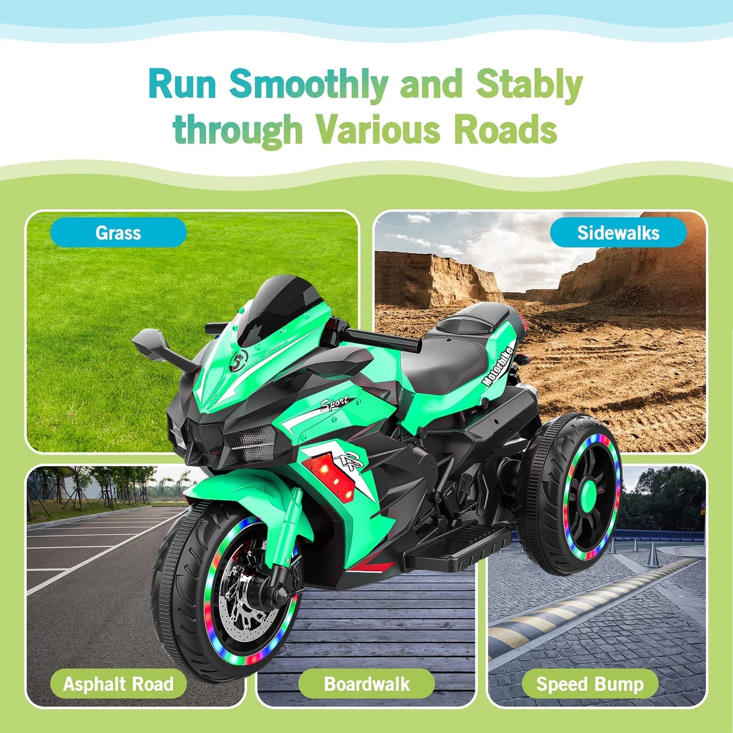 Werseon 12V Electric Motorcycle for Kids, 3-Wheel Ride On Motorcycle for 2-4 Years Old, Battery Powered Ride on Toy with LED Light Wheels, MP3, Bluetooth, up to 110lbs, Green