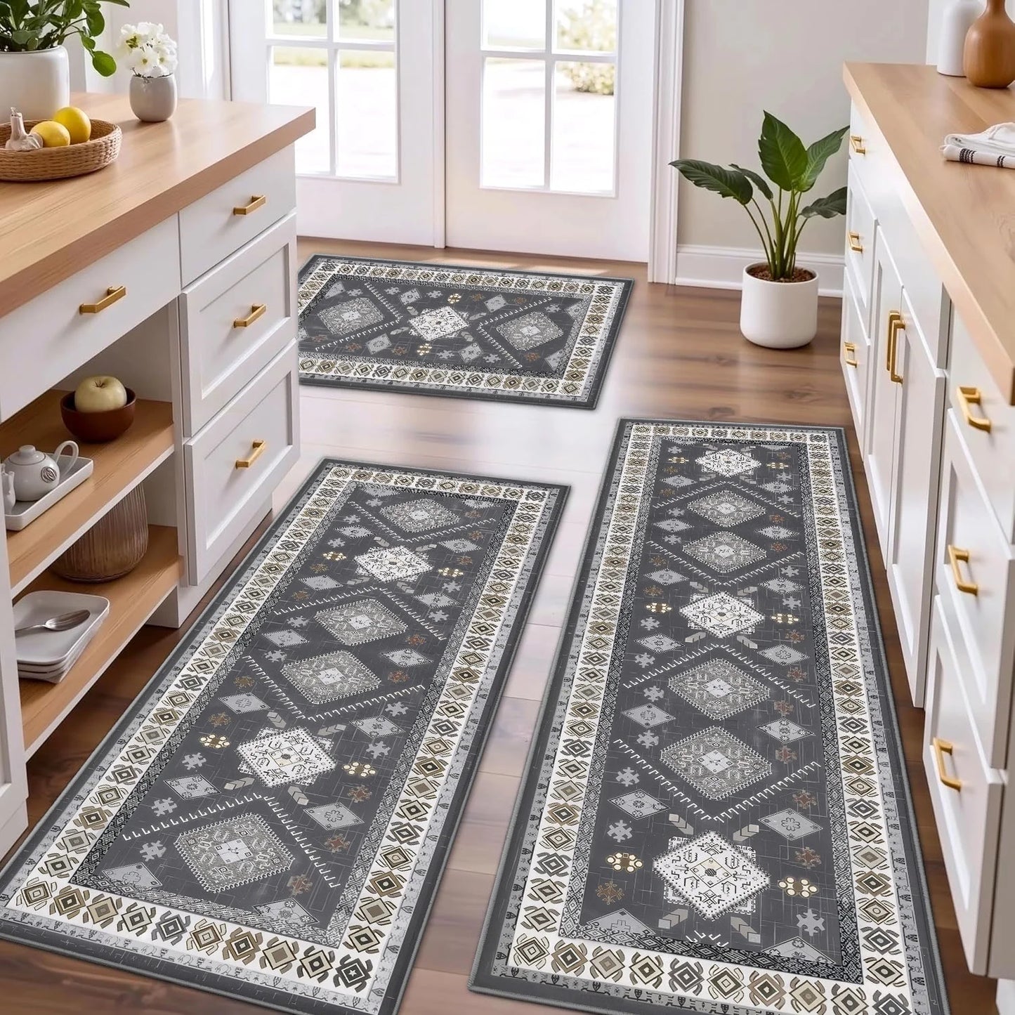 TECHVIDA Kitchen Rug Set 3 Piece,Non Slip Machine Washable Kitchen Mats,Farmhouse Hallway Doormat for Home Floor and Living Room,Gray