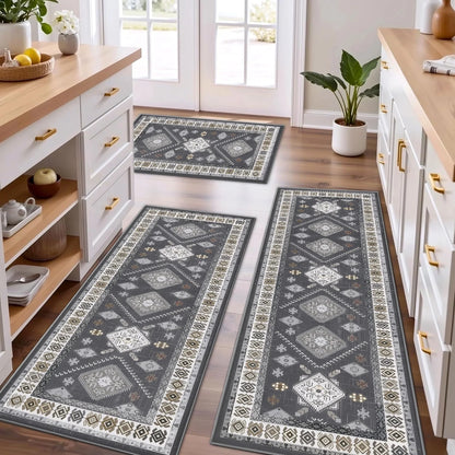 TECHVIDA Kitchen Rug Set 3 Piece,Non Slip Machine Washable Kitchen Mats,Farmhouse Hallway Doormat for Home Floor and Living Room,Gray