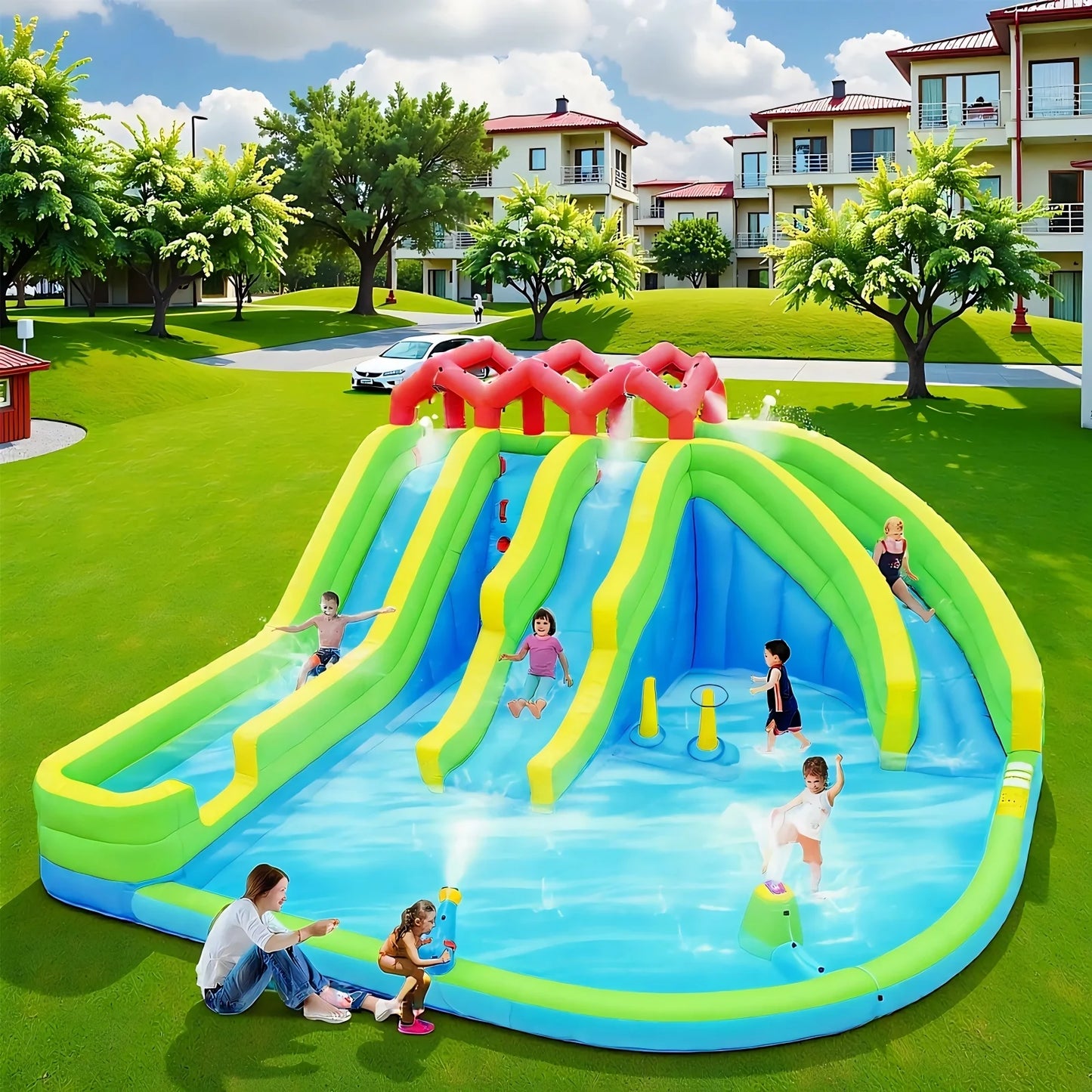HNH Inflatable Water Three Slides Park, 7 in 1 Bounce House with Water Gun Sprinkler Fountain Climbing Wall, Jumping Castle with Air Blower