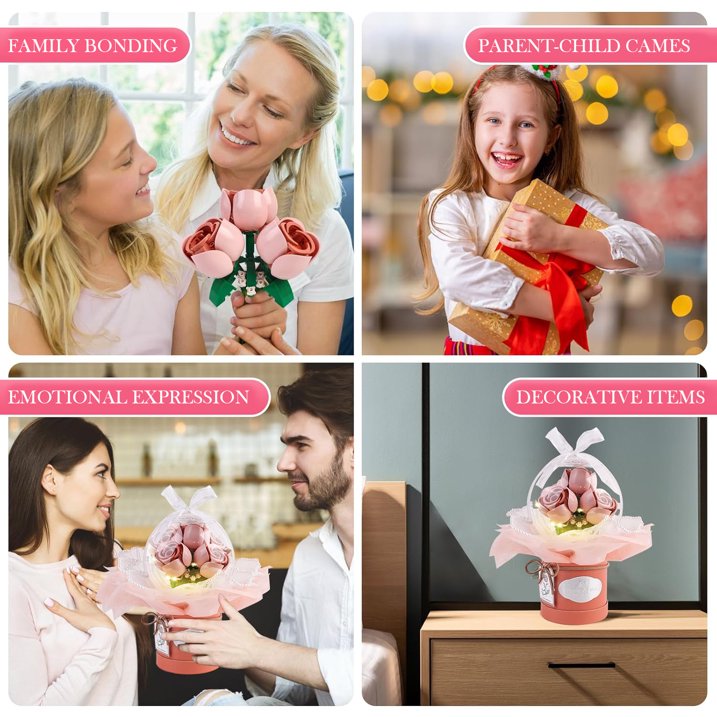 YOMYM Flower Building Kit -Building Set DIY Rose Bouquet Building Block Toy with Dust-Proof Dome