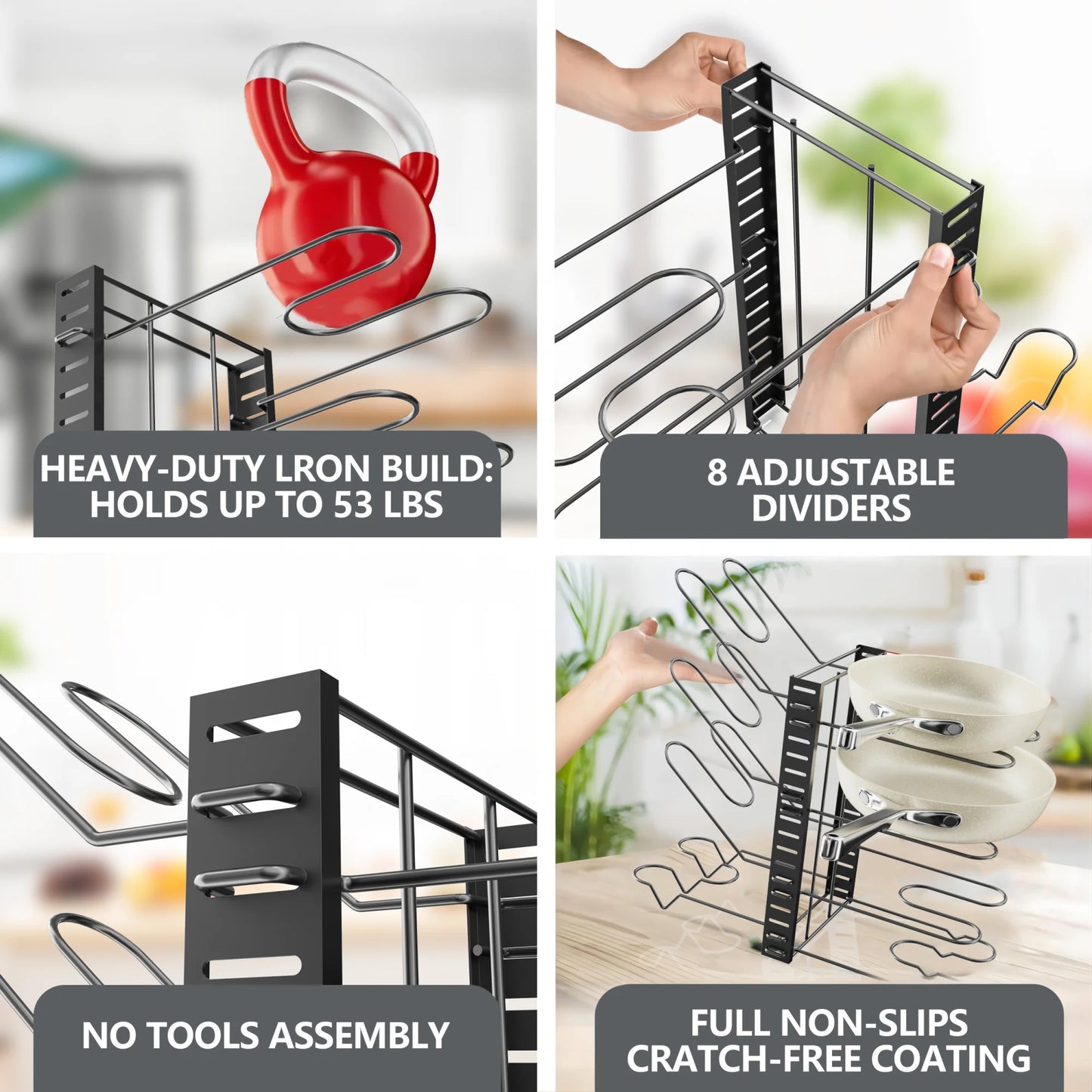 Werseon Pots and Pans Rack under Cabinet, Pots and Lids Storage,Kitchen Cookware Sets Organizers and Storage, Adjustable Pan Rack Organizer