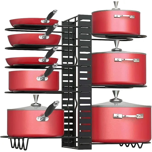 Techvida Pot Rack Organizer, 8-Tier Kitchen Pot and Pan Organizer with 4 Hooks, Adjustable Pot Organizer for Cabinet,Pot Pan Rack under Sink Organizers and Storage