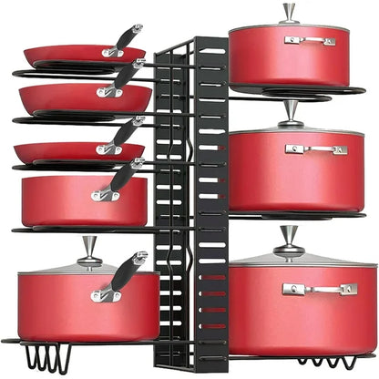 Techvida Pot Rack Organizer, 8-Tier Kitchen Pot and Pan Organizer with 4 Hooks, Adjustable Pot Organizer for Cabinet,Pot Pan Rack under Sink Organizers and Storage