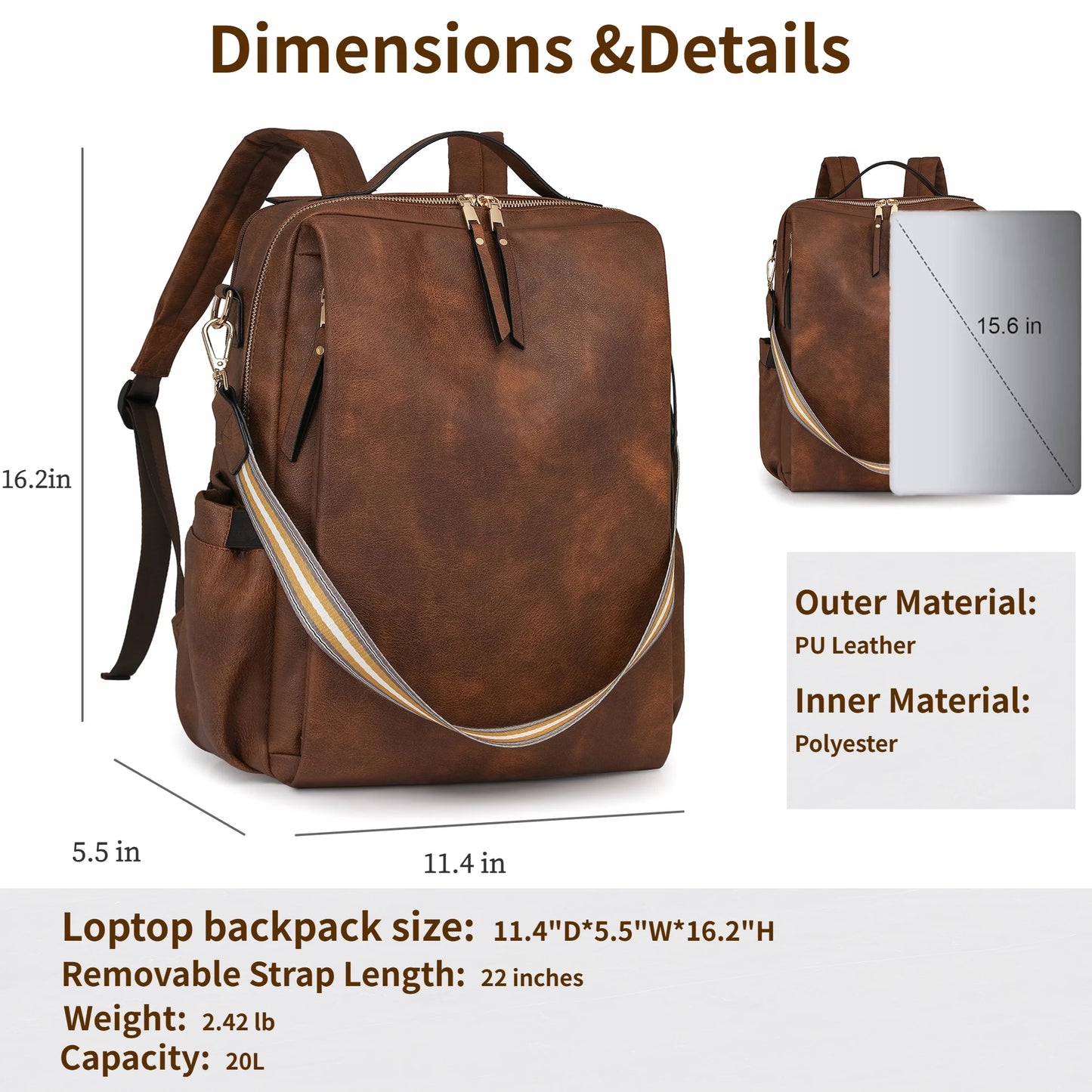 HONGLONG Women's Backpack Purse, PU Leather Laptop Backpack with 15.6 Inch Laptop Compartment, College Work Computer Bag