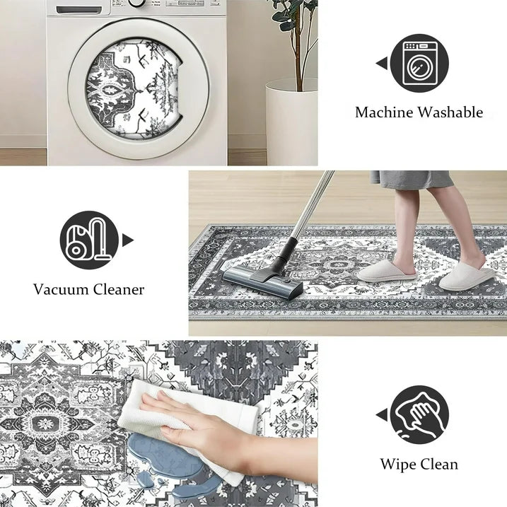 TECHVIDA Kitchen Rugs 4 Piece Set,Non Slip Machine Washable Kitchen Mats,Boho Vintage Abstract Kitchen Carpet for Farmhouse Living Room Hallway