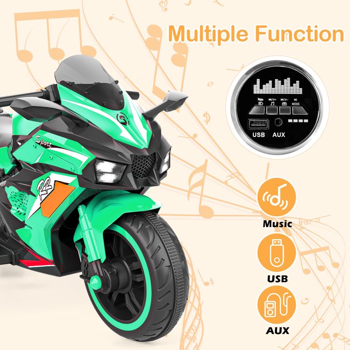 YOMYM 12V Kids Motorcycle with Bluetooth, Light, MP3, Battery Powered Motorcycle for 3-6 Years Boys Girls