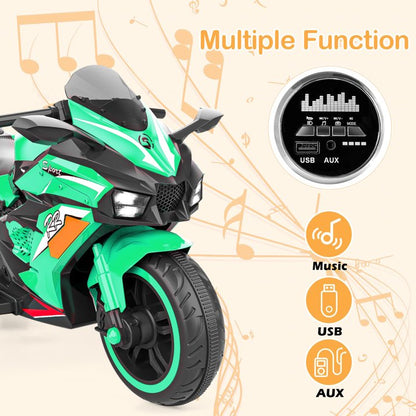 YOMYM 12V Kids Motorcycle with Bluetooth, Light, MP3, Battery Powered Motorcycle for 3-6 Years Boys Girls
