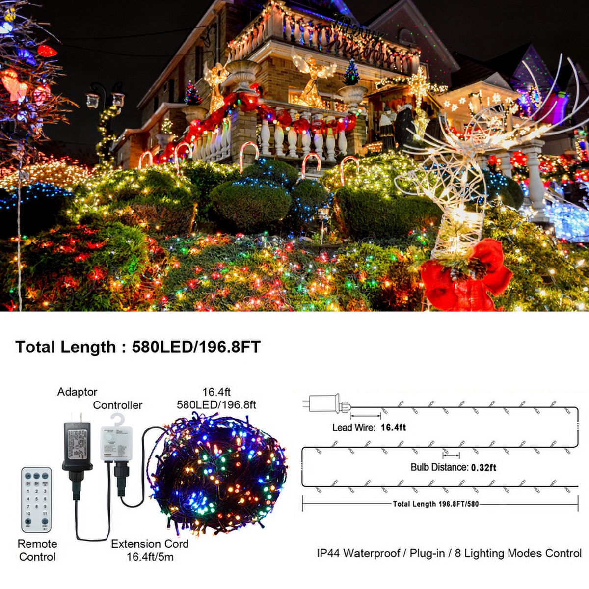 Cheelom Waterproof Solar Fairy Lights 197 ft 580 Led lights 8 Modes and Timer Lights for Indoor Outdoor Xmas Party Yard Garden