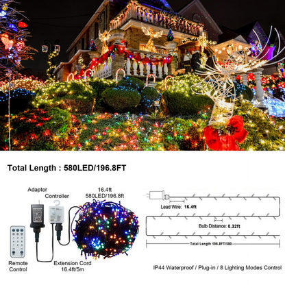 Cheelom Waterproof Solar Fairy Lights 197 ft 580 Led lights 8 Modes and Timer Lights for Indoor Outdoor Xmas Party Yard Garden