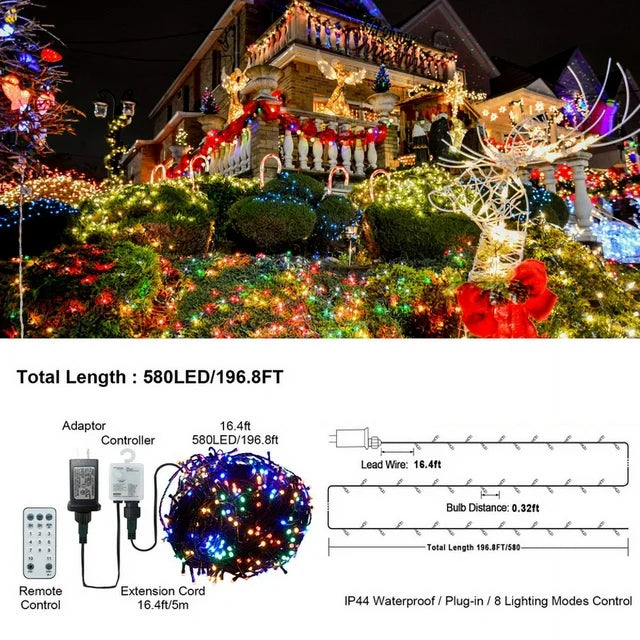 Cheelom Christmas Decorations Lights Solar Fairy Lights 197 FT 580 LED Waterproof Plug in with 8 Modes and Timer Lights Clearance Sale