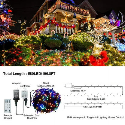 Cheelom Christmas Decorations Lights Solar Fairy Lights 197 FT 580 LED Waterproof Plug in with 8 Modes and Timer Lights Clearance Sale