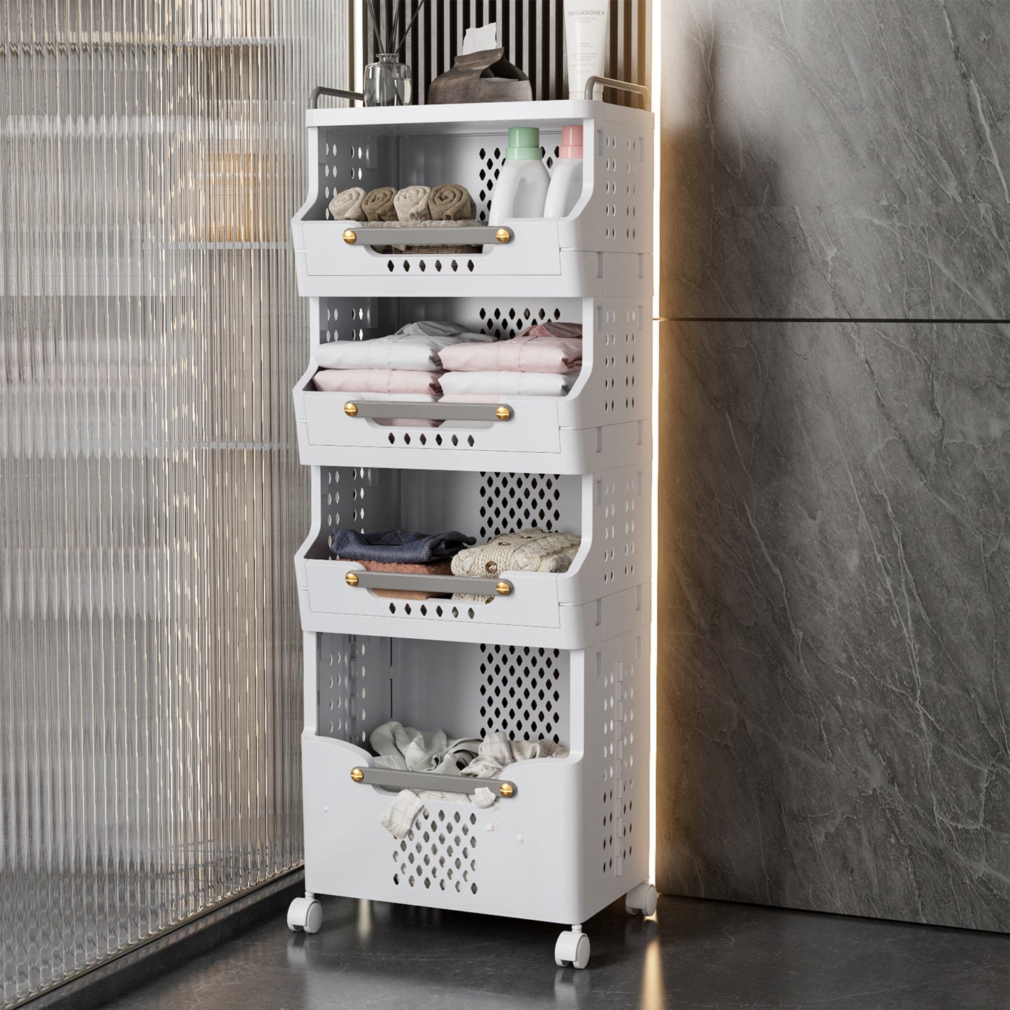 Werseon 4-Tier Rolling Utility Cart w/ Wheels, Mobile Storage Cart w/ Push Handle and Baskets, Large Capacity Kitchen Cart Organizer for Bathroom Bedroom Laundry Room