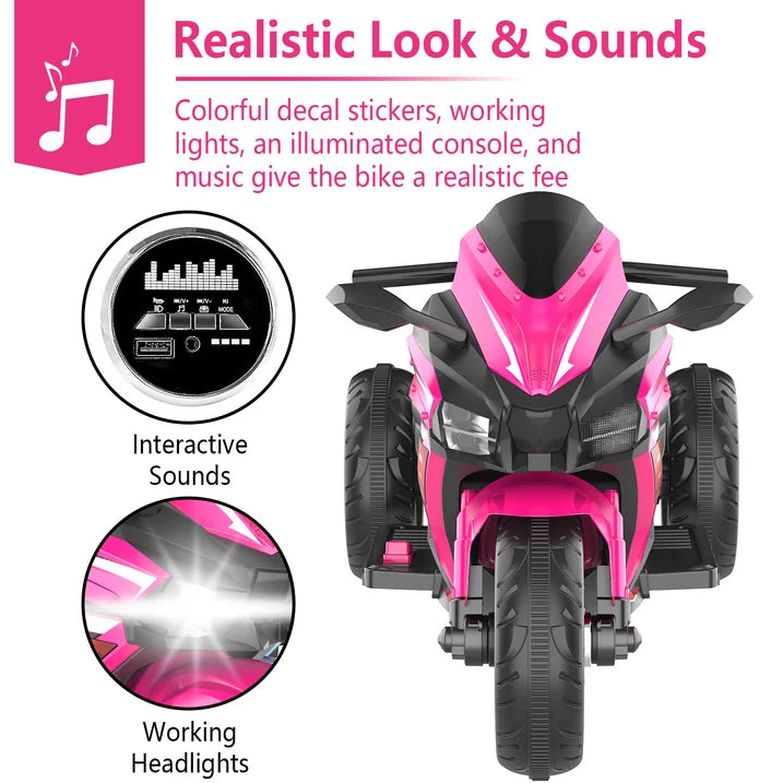 HNH 12V Ride on Motorcycle for Kids, Battery Powered 3 Wheels Motorcycle Toy with Bluetooth, Music, Light