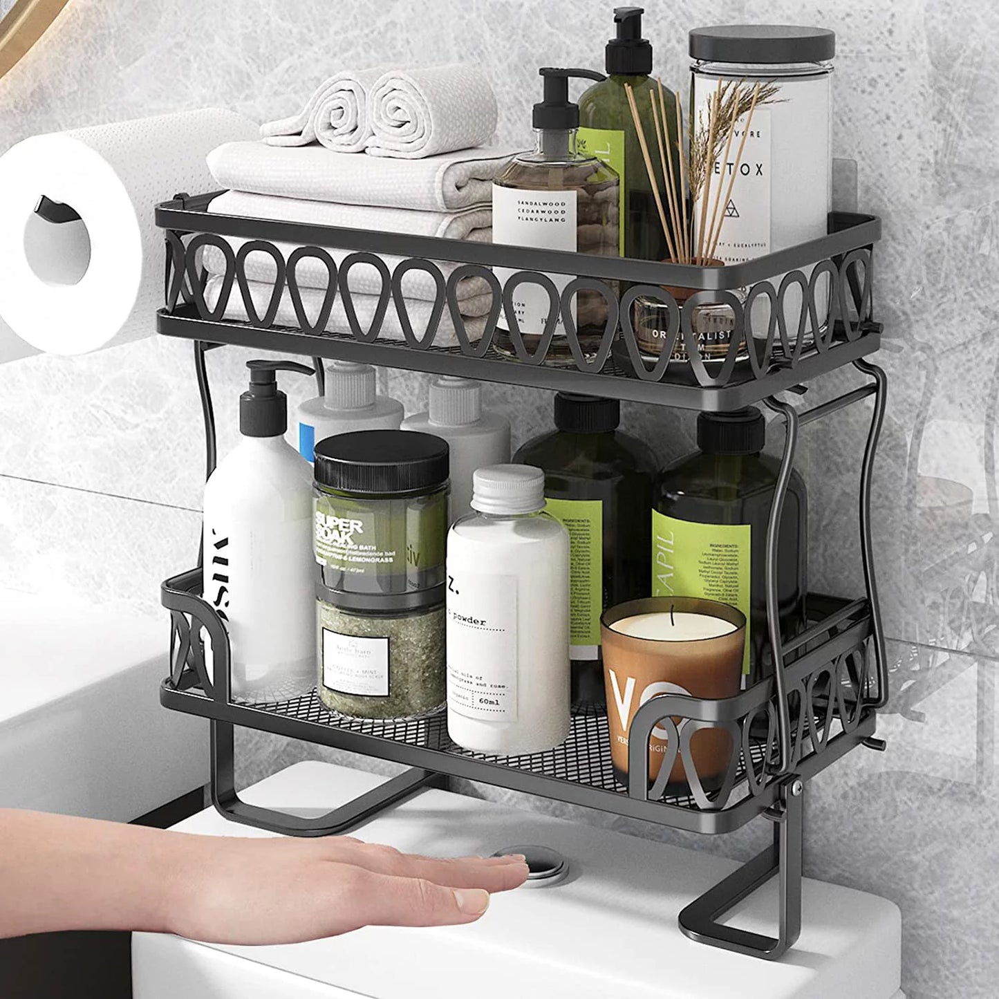Werseon 2-Tier Over The Toilet Storage Shelf, Bathroom Organizer Over Toilet, Above Toilet Shelf with Toilet Paper Holder, Black