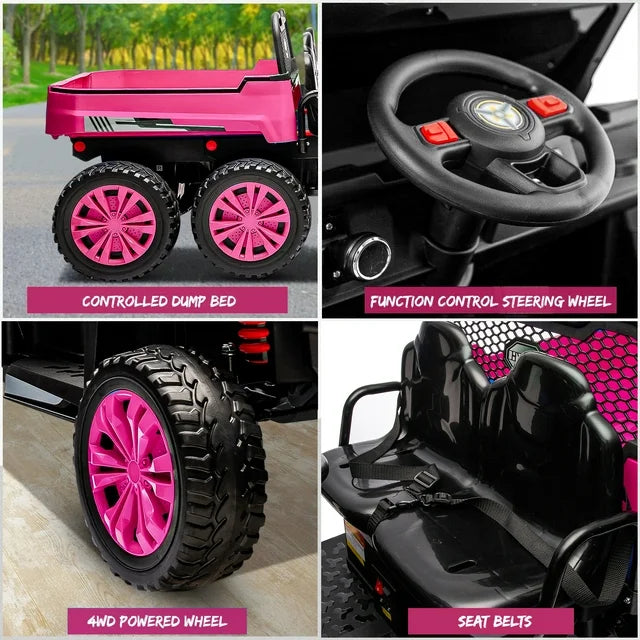 HNH 24V Seater Ride on Truck with Remote Control, Kids Ride on Tractor with 6 Wheels, Battery Powered Kids Car with Dump Bed, LED Headlight, Bluetooth