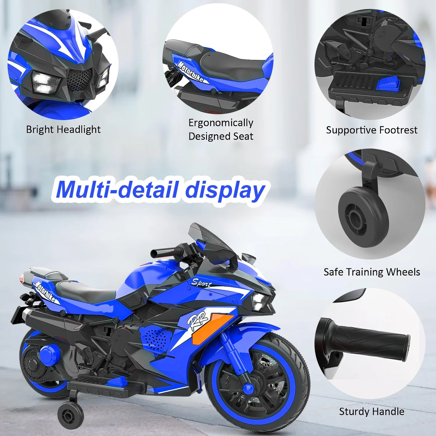 HNH Ride on Toys for Boy Girl, 12V Motorcycle for Kids 3-6, Electric Motorcycle with Music, Bluetooth, Lights(Blue)