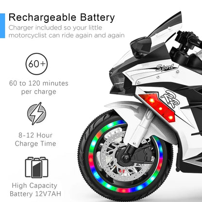 HONGLONG Ride on Toys 12V 3 Wheels Battery Powered Ride on Motorcycle with LED Lights Music for Kids, White