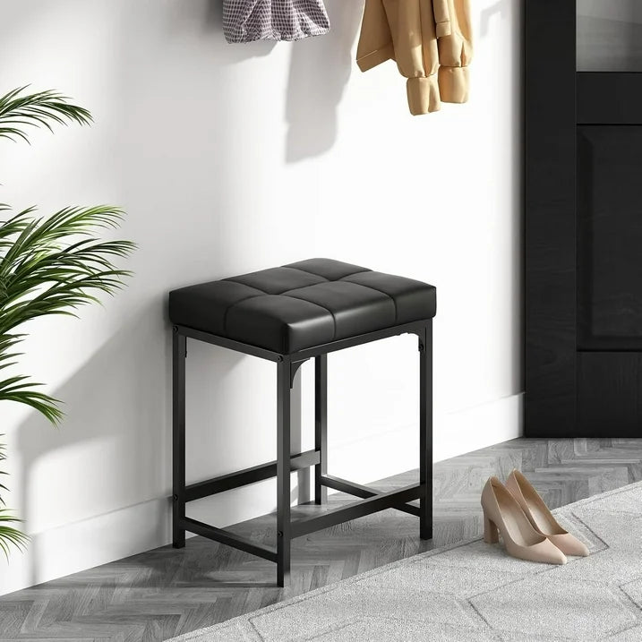 Cheelom 2 Pack Vanity Stool Chair, Makeup Stool, 18 Inch Ottoman Footrest with Cushion, Faux Leather Vanity Stool Black