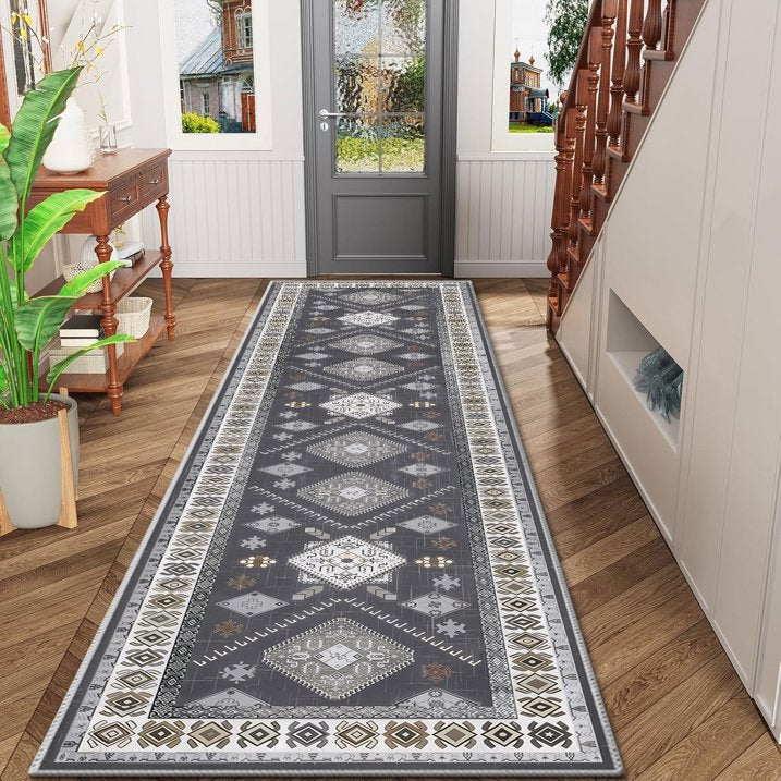 TECHVIDA 2'x8' Hallway Runner Rug Boho,Non Slip Machine Washable Rugs for Hallway Kitchen,Dark Grey