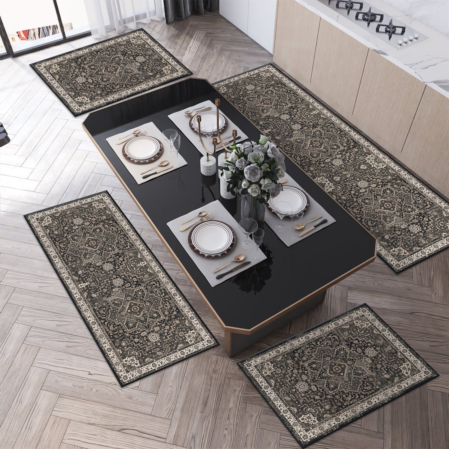 TECHVIDA Kitchen Rugs 4 Piece Set,Non Slip Machine Washable Kitchen Mats,Boho Vintage Abstract Kitchen Carpet for Farmhouse Living Room Hallway