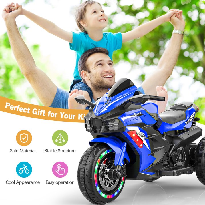 Cheelom Kids Motorcycle,12V Battery Powered Electric Vehicle with 3 Wheels, LED Lights, Foot Pedal, Blue