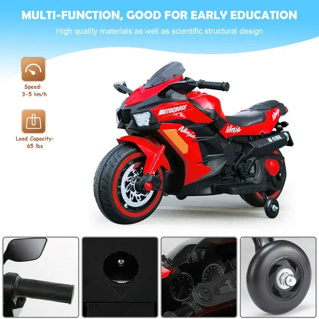 Spoway 12V Kids Ride on Motorcycle, Electric Battery Powered Ride On Motorcycle 3-6 Years Boy Girls, Light Wheel and PU Seat, Bluetooth, Mp3-Red