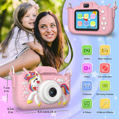 Kids Camera Toys for Girls Age 3-10, Unicorn Kids Digital Camera Toddler Camera with 64GB SD Card,1080P HD Video Camera Children Birthday Gifts-Pink
