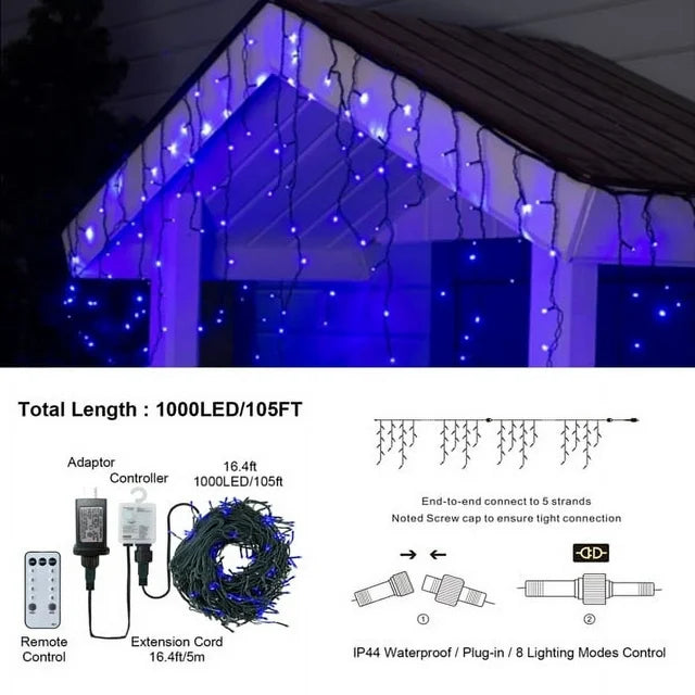 Cheelom Fairy String Party Decoration Lights Christmas Icicle Lights Outdoor Indoor 105ft 1000 Led 8 Modes with 50 Drops Plug In Waterproof Timer Memory Function Clearance Sales