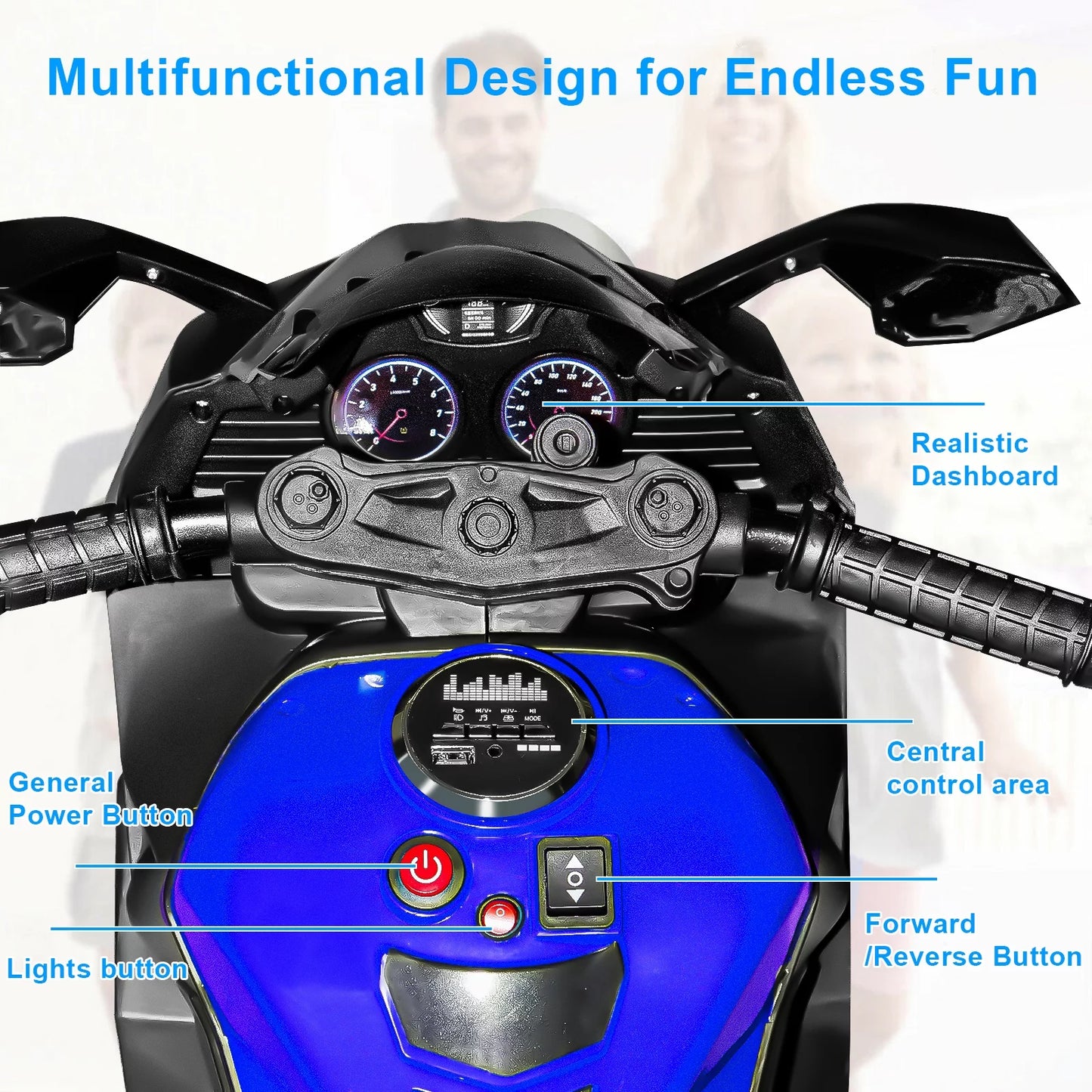 HNH 12V Ride on Motorcycle for Kids, Battery Powered 3 Wheels Motorcycle Toy with Bluetooth, Music, Light