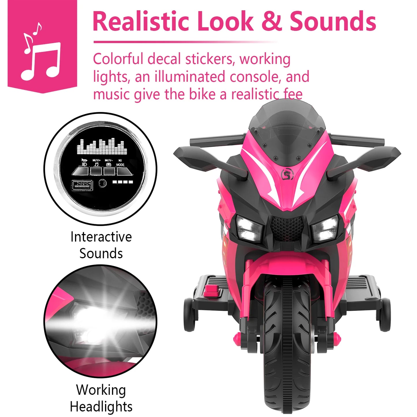 HNH 12V Ride on Toys for Girls, Electric Motorcycle Toys with Training Wheels, Powered Motorcycle with Music, Bluetooth, Lights
