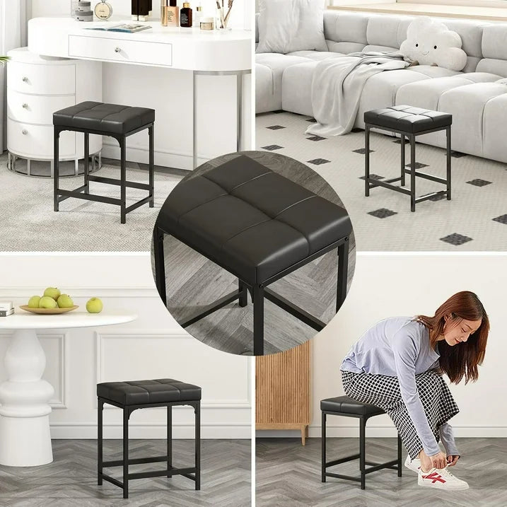Cheelom 2 Pack Vanity Stool Chair, Makeup Stool, 18 Inch Ottoman Footrest with Cushion, Faux Leather Vanity Stool Black